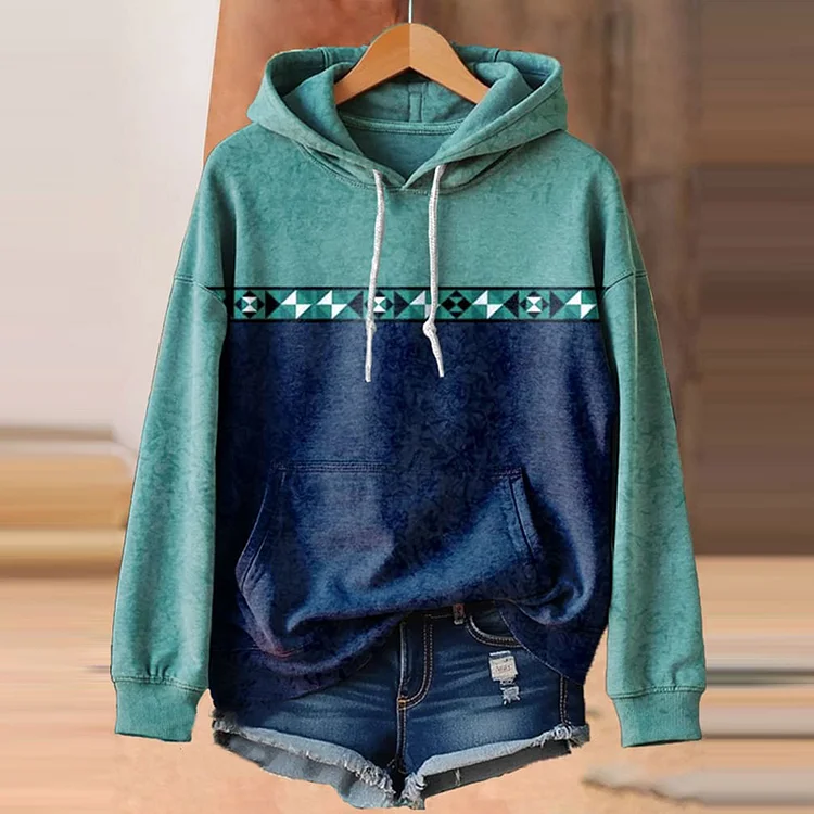 Utbros Retro Western Geometric Print Casual Hoodie