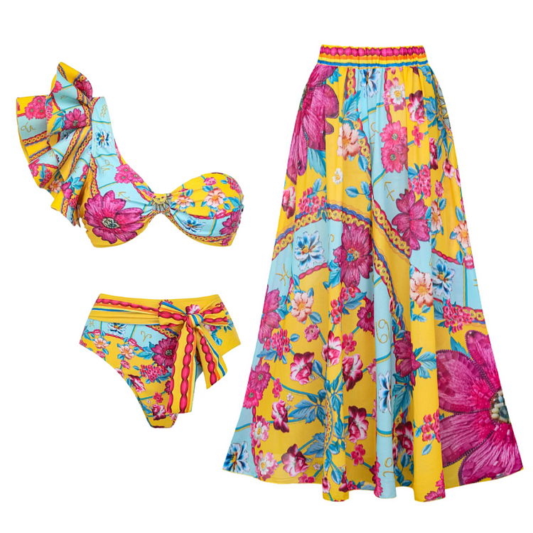 Constellation Flower Print Ruffled Bikini Swimsuit and Sarong 