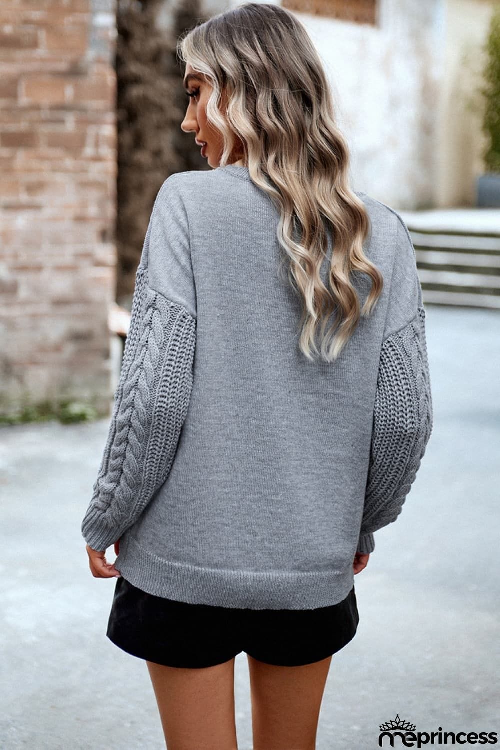 Cable-Knit Round Neck Drop Shoulder Sweater
