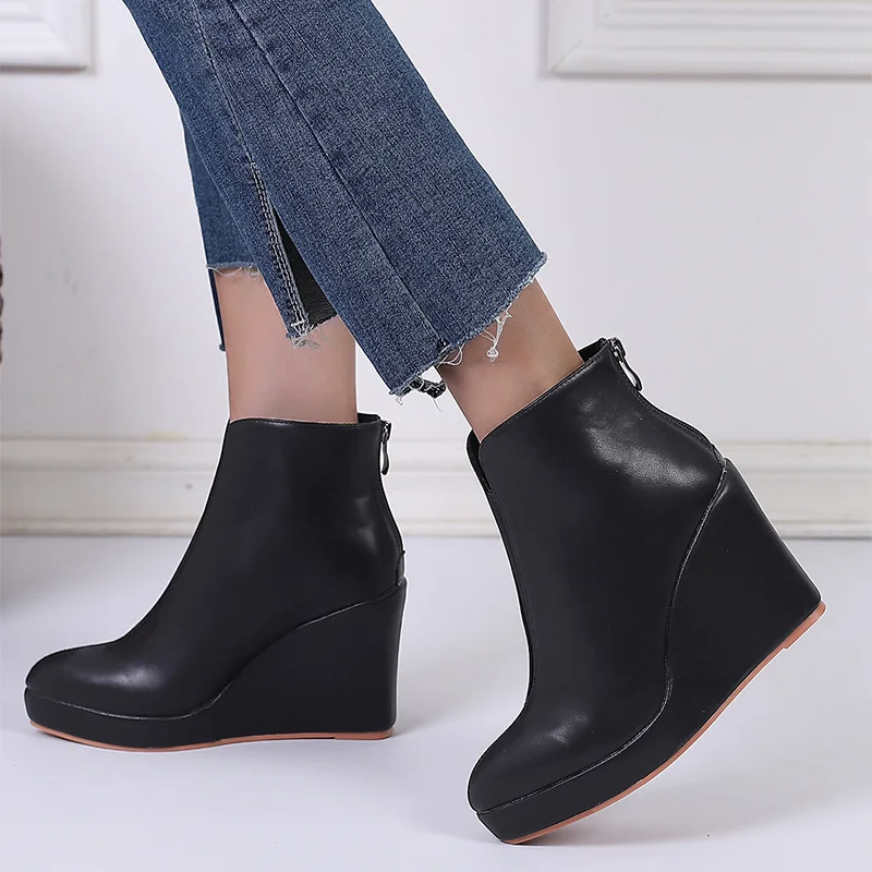 Wongn Wongn / Winter, Sloping Heel, Thick Bottom, High Heel, Pointed, Stylish Ankle Boots, Black Rear Zipper
