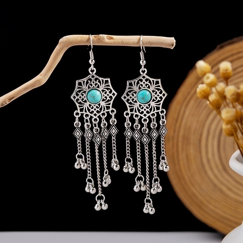 Bohemian Blue Turquoise National Style Earrings Imitation Miao Silver Metal Earrings Vintage Tassel Earrings