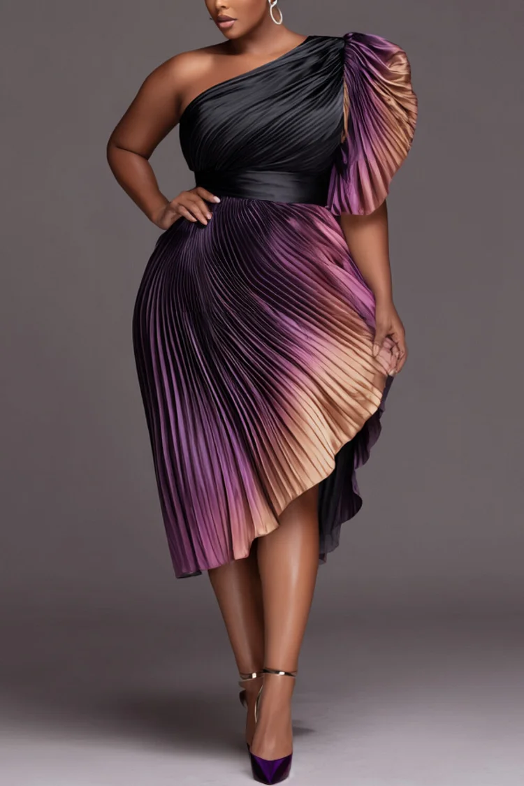 Xpluswear Design Plus Size Cocktail Party Purple Gradient One Shoulder Short Sleeve Pleated Elegant Asymmetric Hem Satin Midi Dresses [Pre-Order]