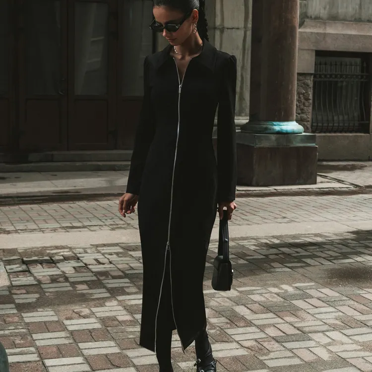 Churchf Churchf Women's 2023 New Cardigan Wrapped Hip Long Skirt Fashion Lapel Zipper Long Sleeve Black Dress