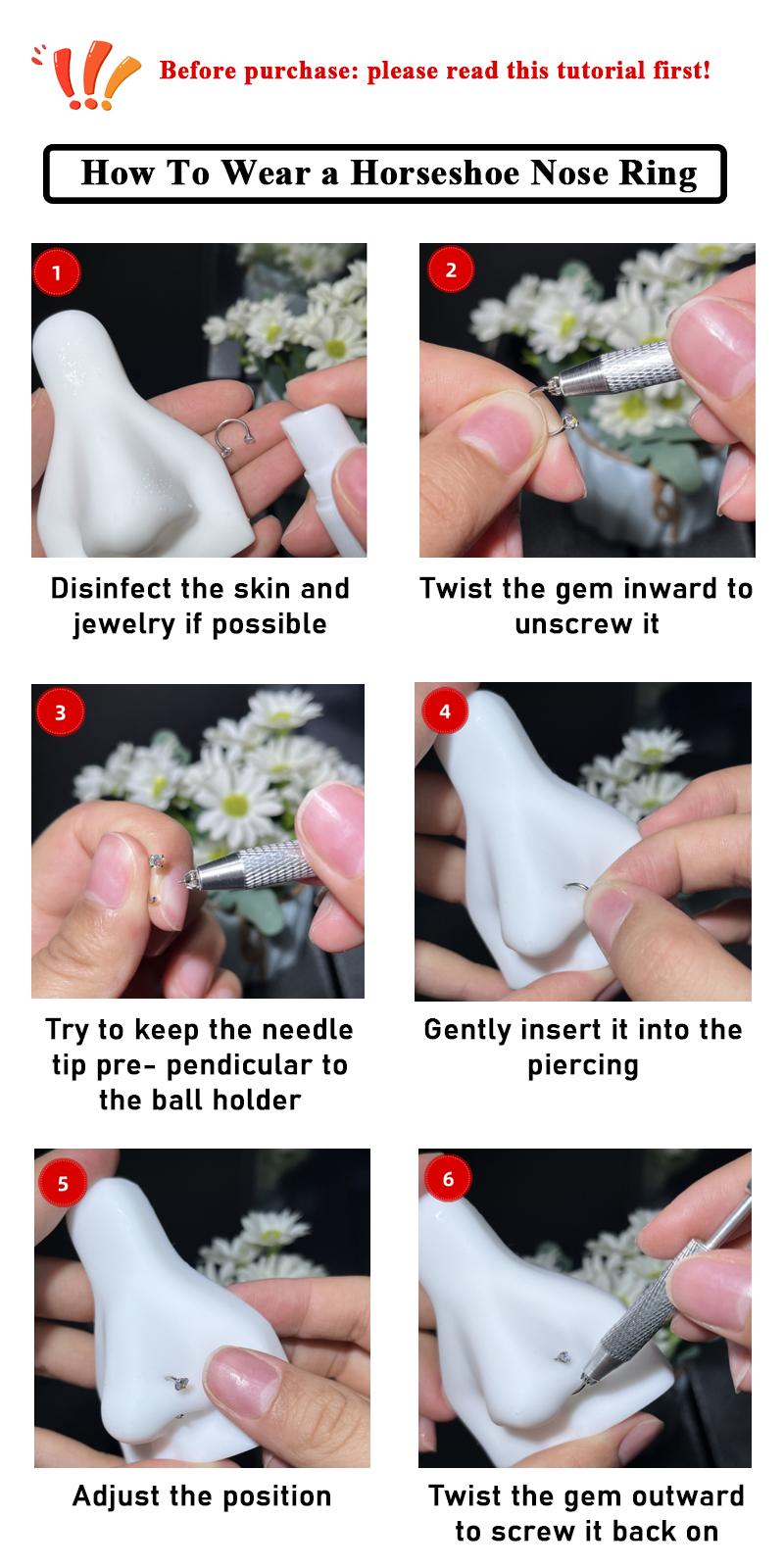 20G(0.8mm)/18G(1.0mm) 8mm Horseshoe Nose Hoop Internally Threaded Gems Nose Ring with Free Ball Holder