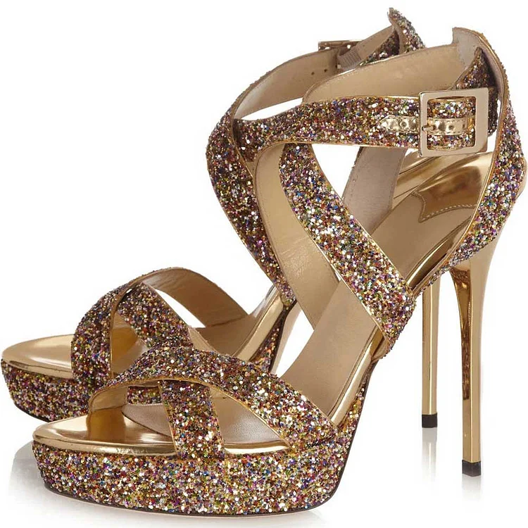 Women's Gold Glitter Shoes Open Toe Platform Sandals Evening Shoes |FSJ Shoes