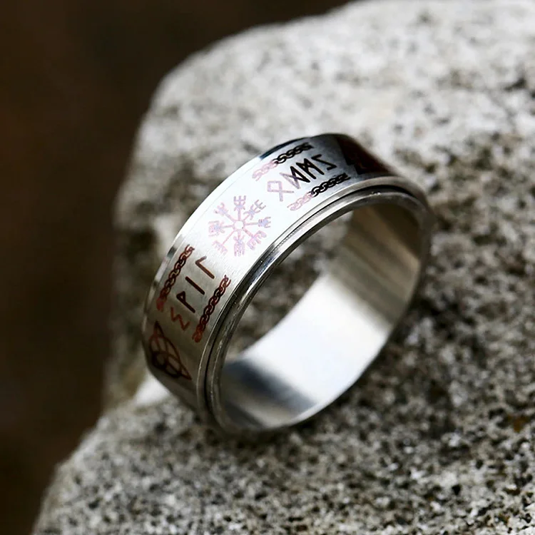 Coutureaura Viking Symbol Valknut Mjolnir Rune Triquetra Rotatable Ring