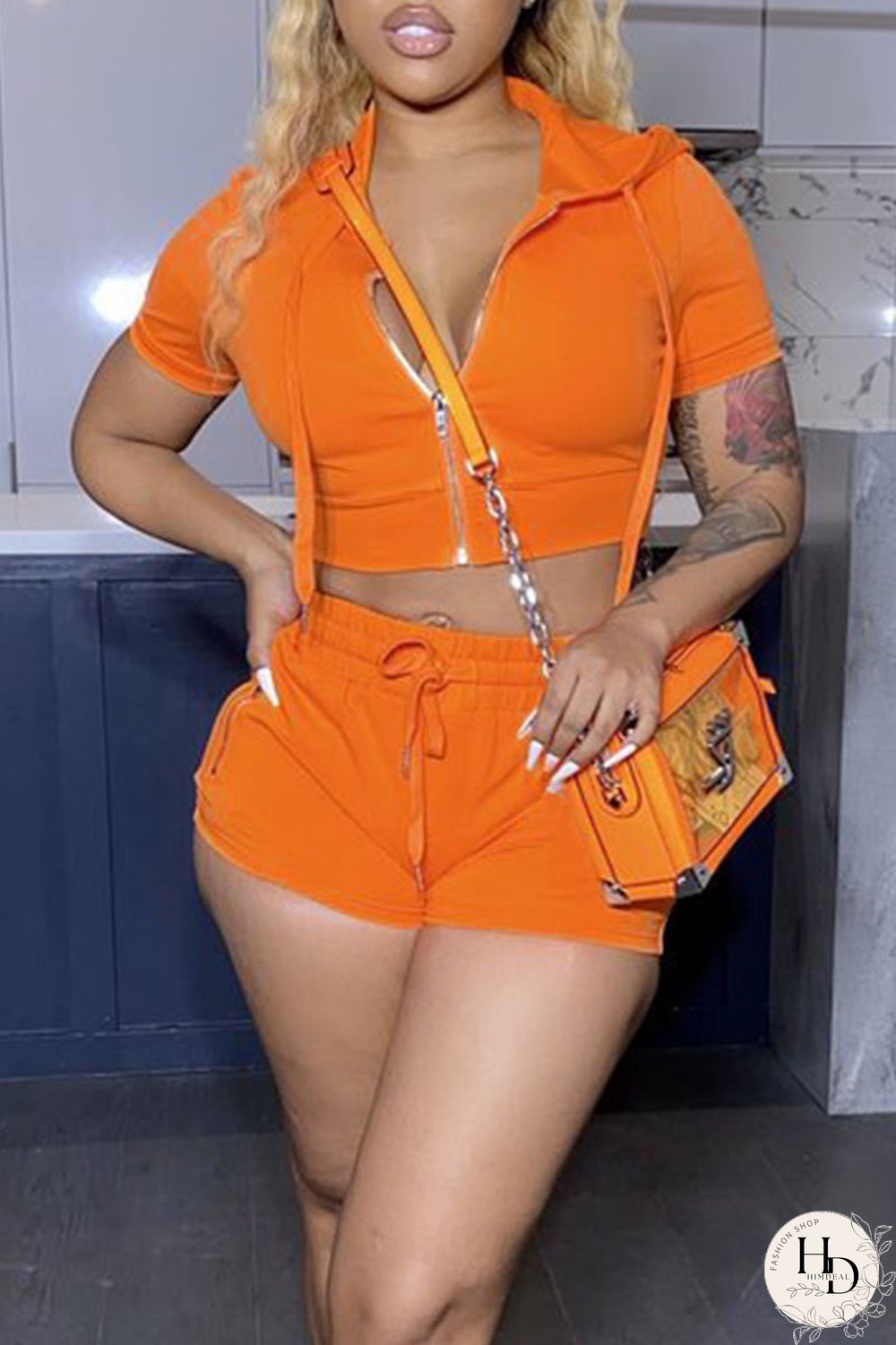 Rose Red Casual Solid Patchwork Zipper Hooded Collar Short Sleeve Two Pieces