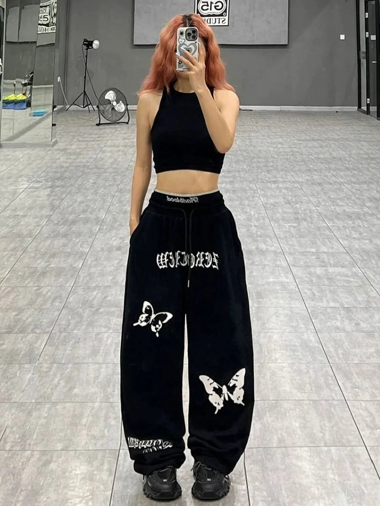 OLCooL PInk Y2k Women's Sports Pants Streetwear Baggy Bufferfly Pattern Kpop Wide Leg Trouser Hip Hop Casual Sweatpants Female olcool