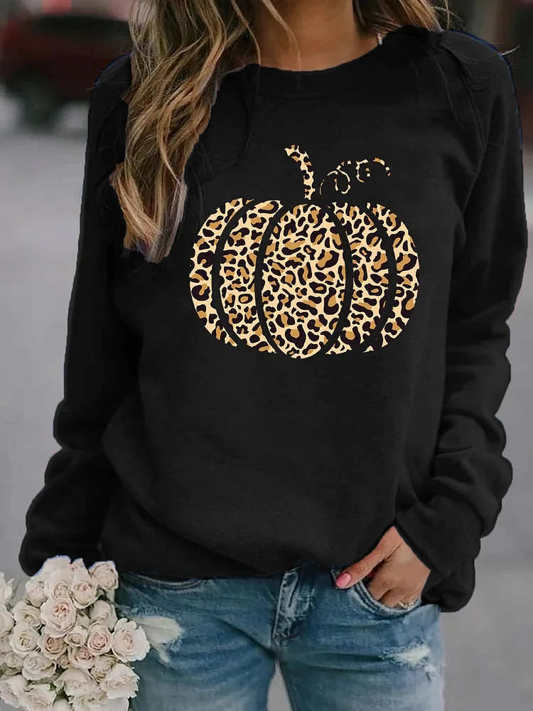 Women's Leopard Pumpkin Print Casual Sweatshirt socialshop