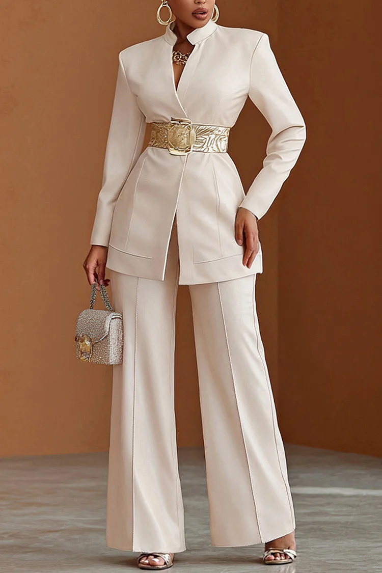 Xpluswear Design Plus Size Business Casual White Long Sleeve Elegant Two Piece Pant Sets (Without Belt) [Pre-Order]