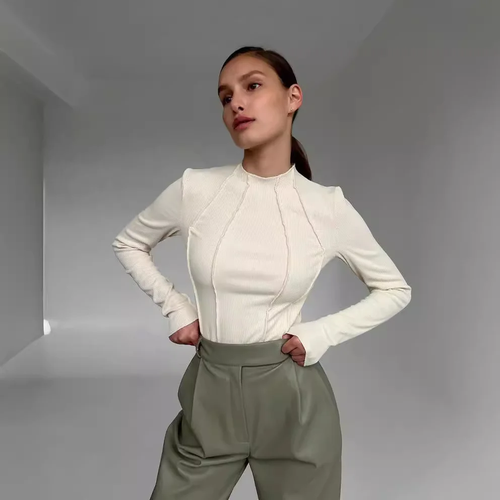 Uveng Uveng Bottom Shirt Autumn Winter Round Collar Tight Edge T-Shirt Female Tight Casual Sexy Jacket Female