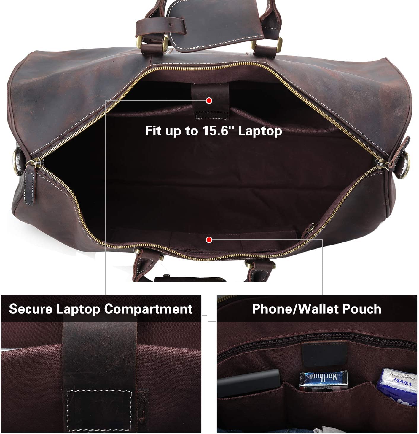 22 Inch Full Grain Leather Travel Duffel Weekender Bag Overnight Duffle Bag For Men