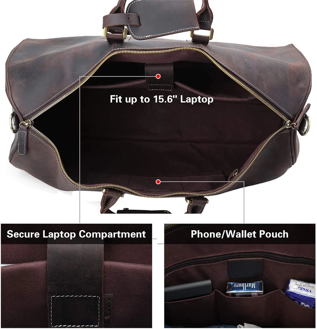 22 Inch Full Grain Leather Travel Duffel Weekender Bag Overnight Duffle Bag For Men