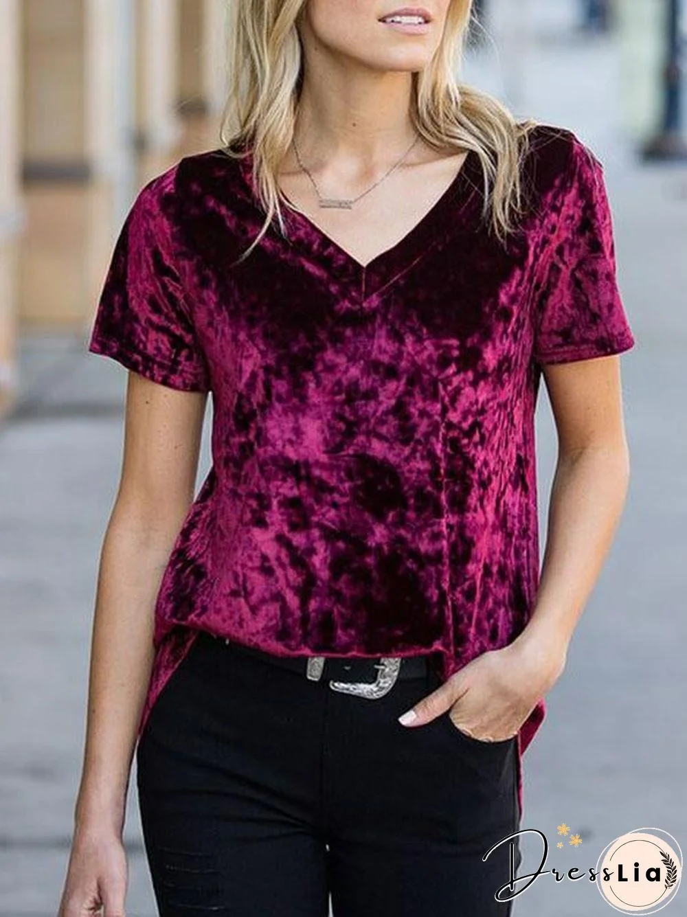 V Neck Slim Short Sleeve Velvet Shirt