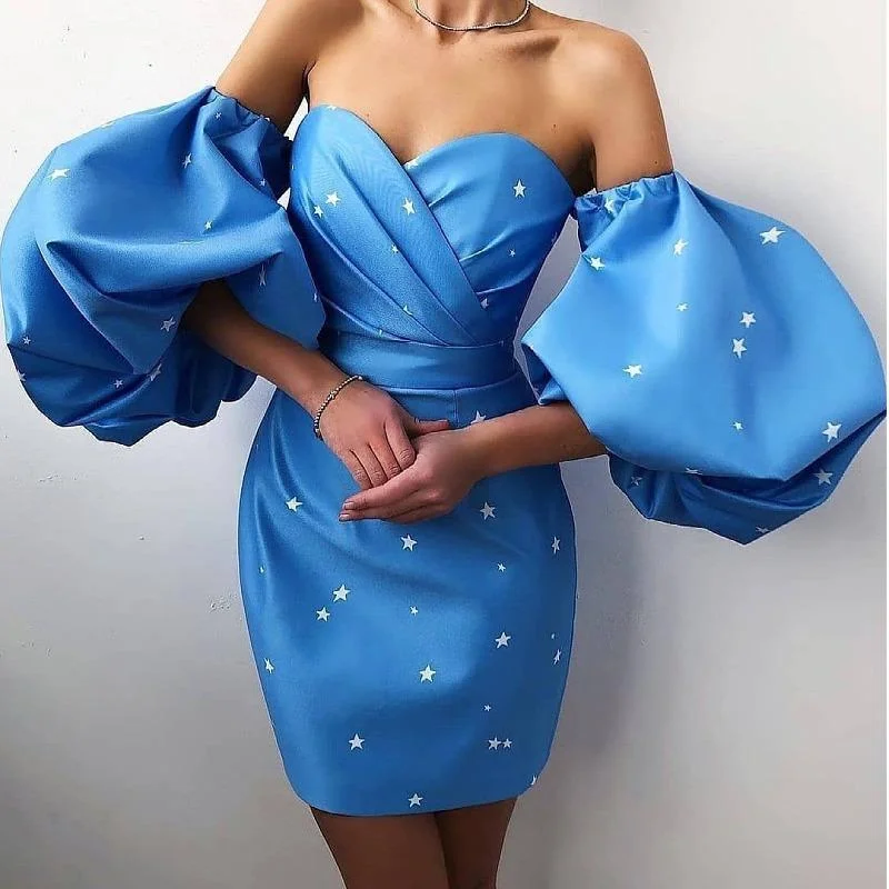 Puff Sleeve High Waist Wrapped Five-pointed Star Print Gown