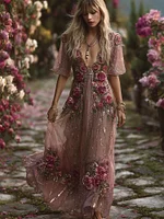 Women's Bohemian Rose Embroidery Lightweight Dry Color Dress