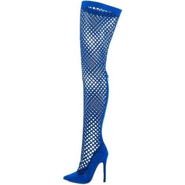 Royal Blue Thigh-high Hollow-out Stiletto Heel Gladiator Boots Vdcoo