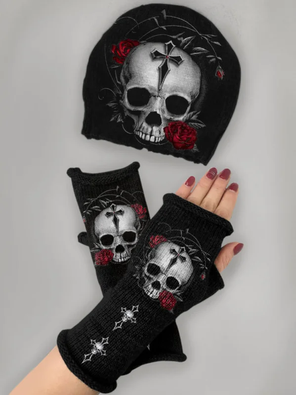 （Ship within 24 hours）Skull print knitted hat + fingerless gloves set
