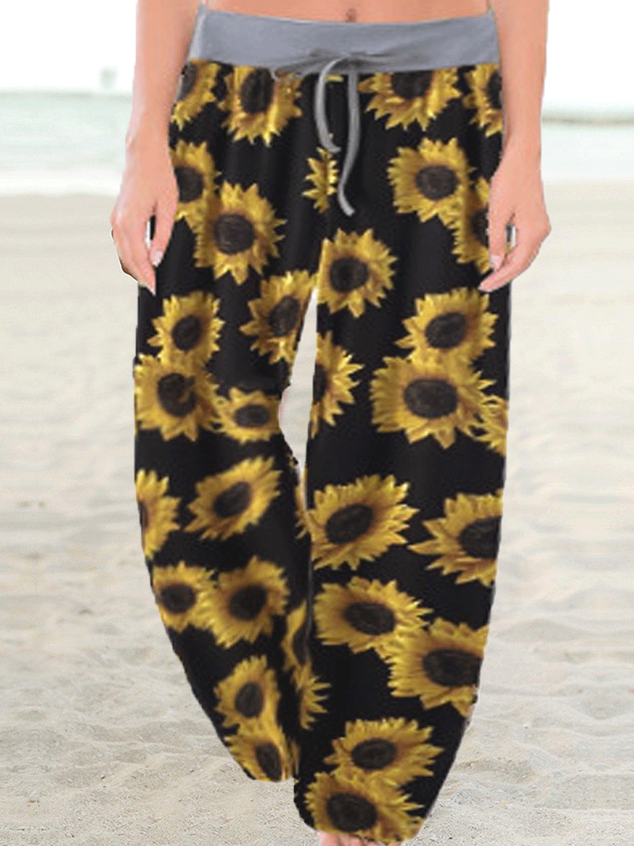 Sunflower Printed Drawstring Wide-leg Pants