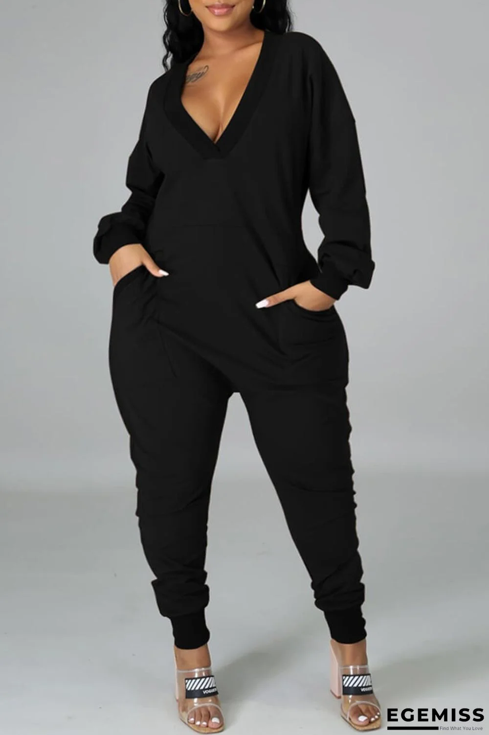 Black Sexy Solid V Neck Plus Size | EGEMISS