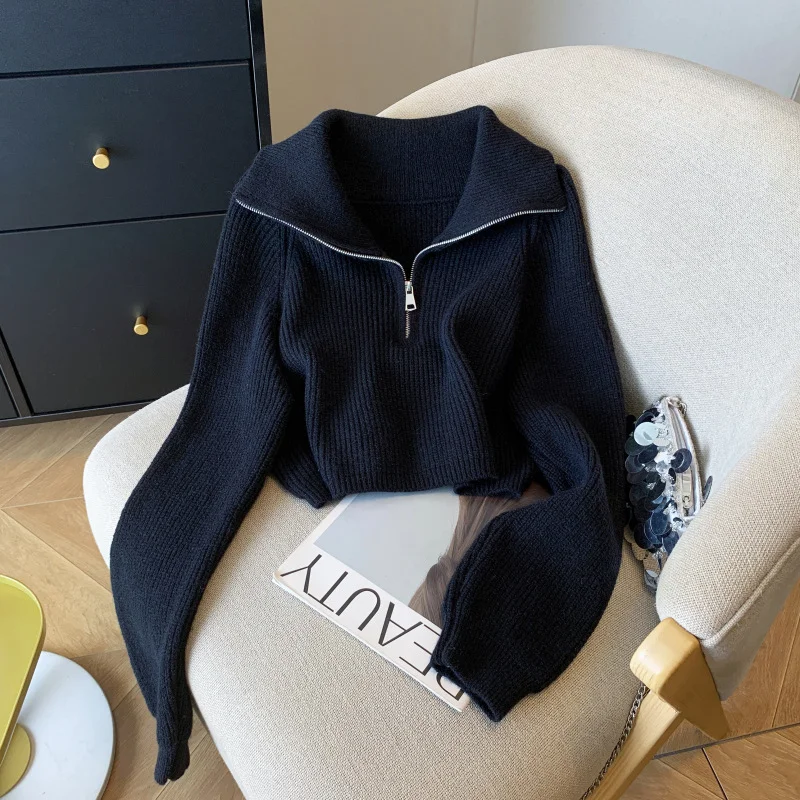 Woherb Half-Zipped Navy Collar Lazy Wind Sweater Female With Autumn And Winter Knit Sweater Loose Outside Wearing Soft Waxy Short Top-Outfit Ideas
