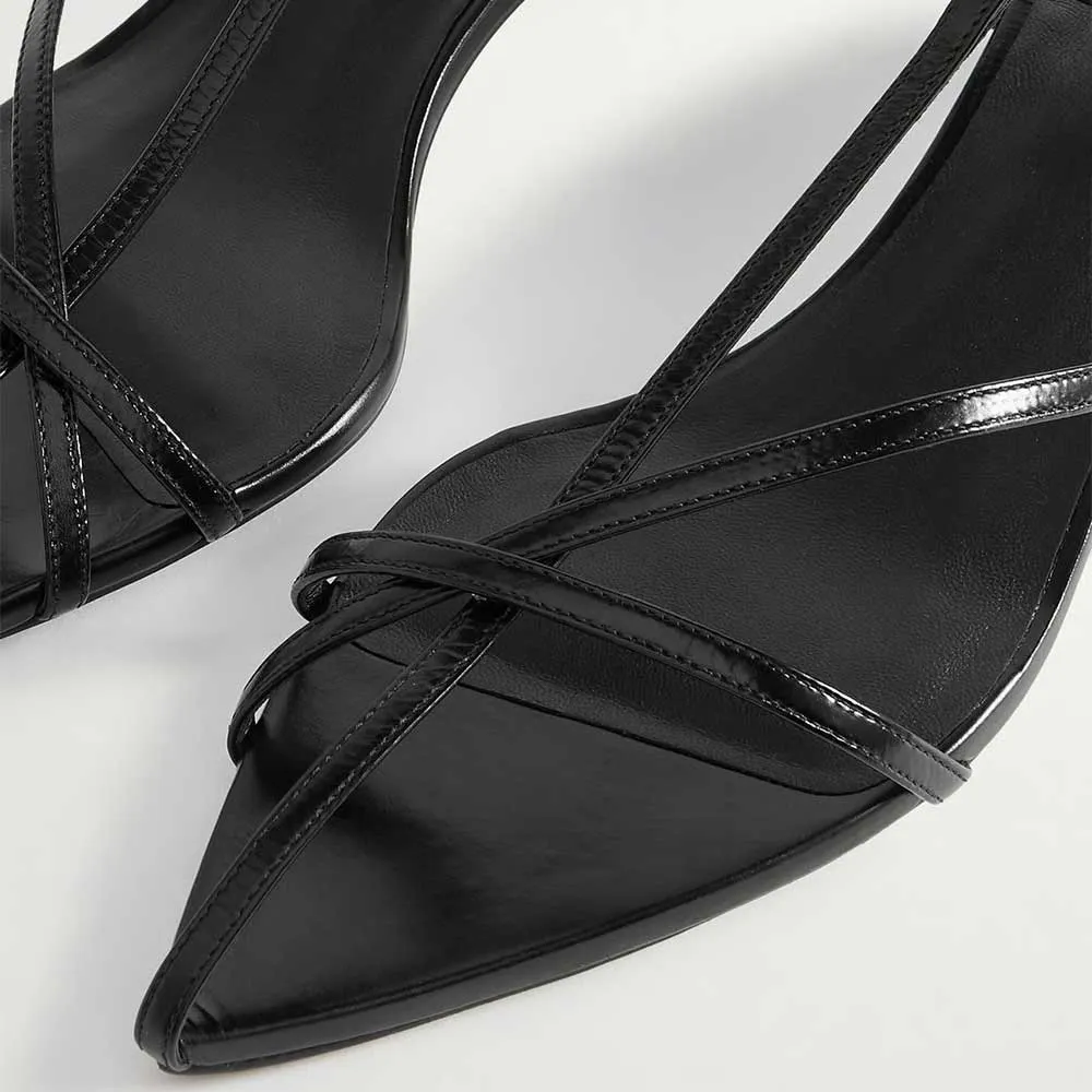 Women's Vegan Leather Open Toe T-Strap Black Heels Sandals