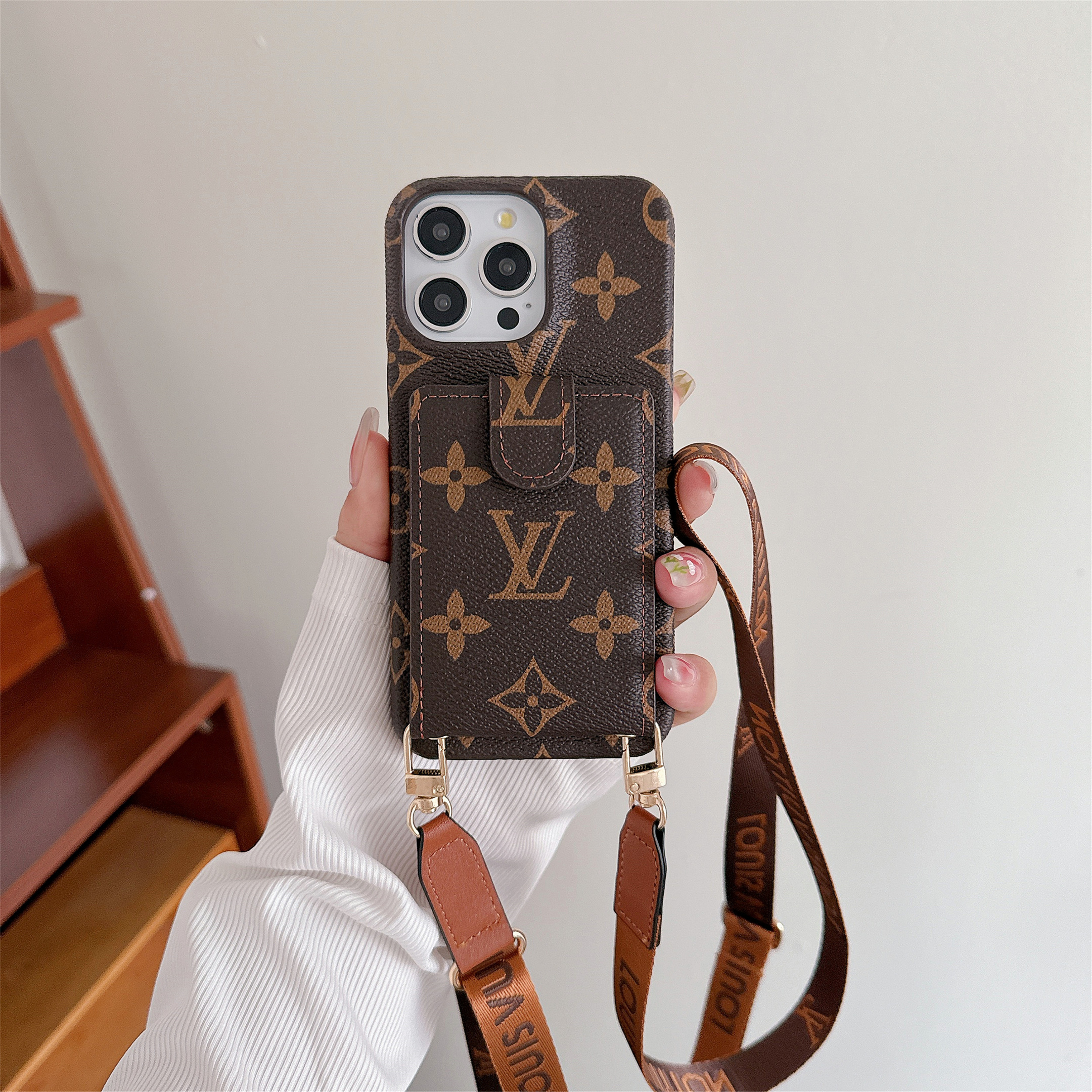 LV Flip Card Wallet Crossbody Monogram Canvas Leather Apple and Samsung Phone Case