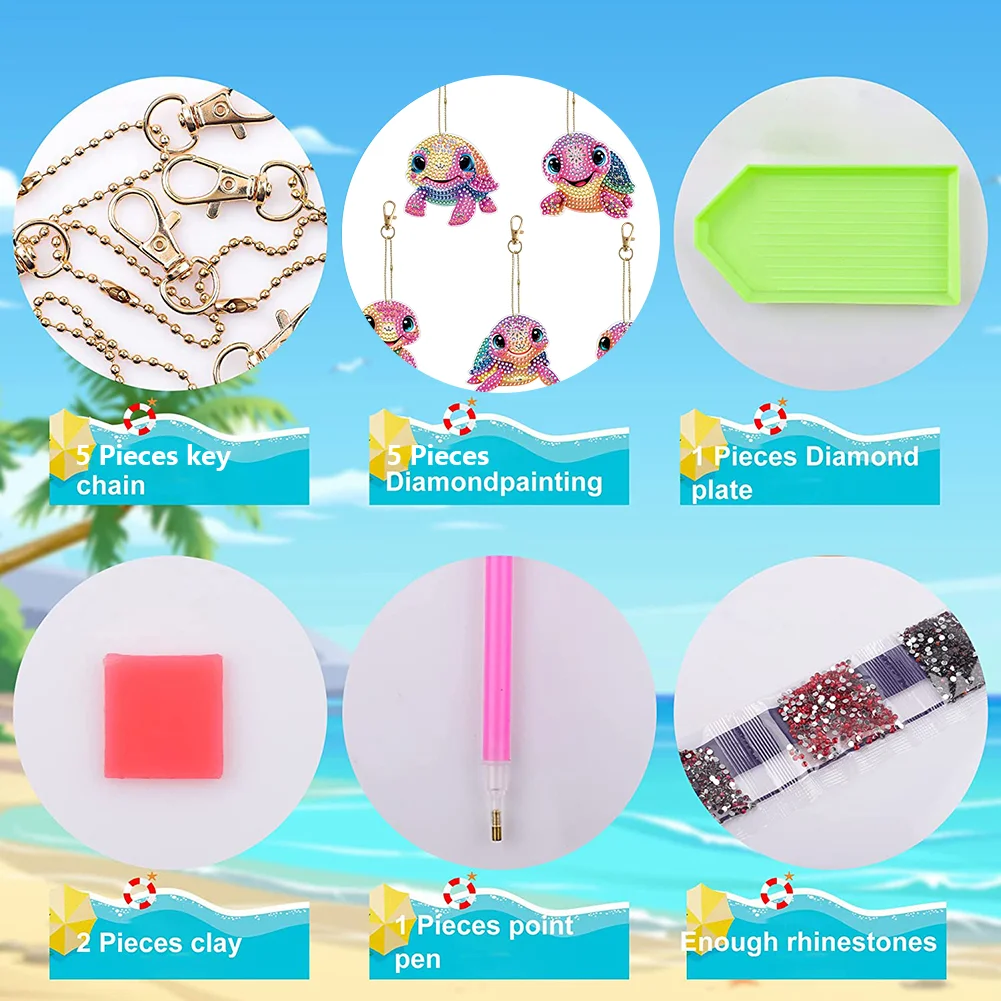 5pcs DIY Turtle Diamond Art Keychains Diamond Mosaic Kit Point Drill Key Ring(Double Side)