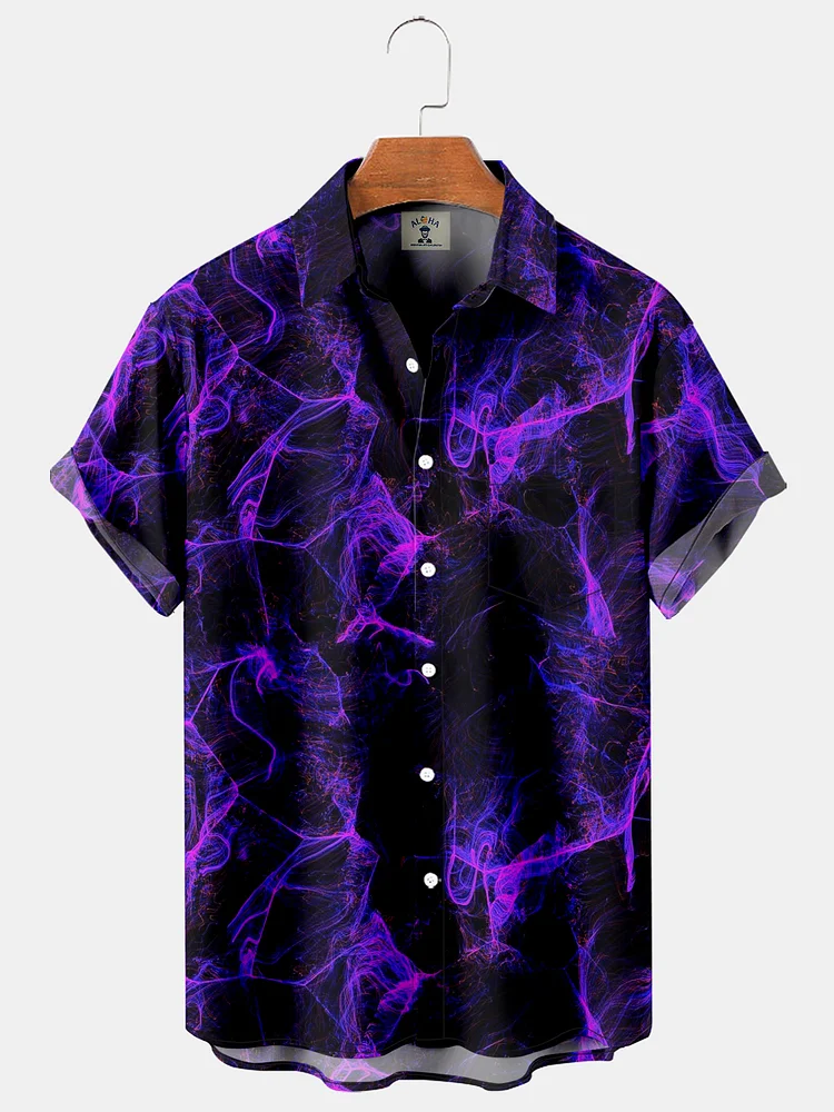 Trendy Lightning Print Pocket Short Sleeve Bowling Shirt