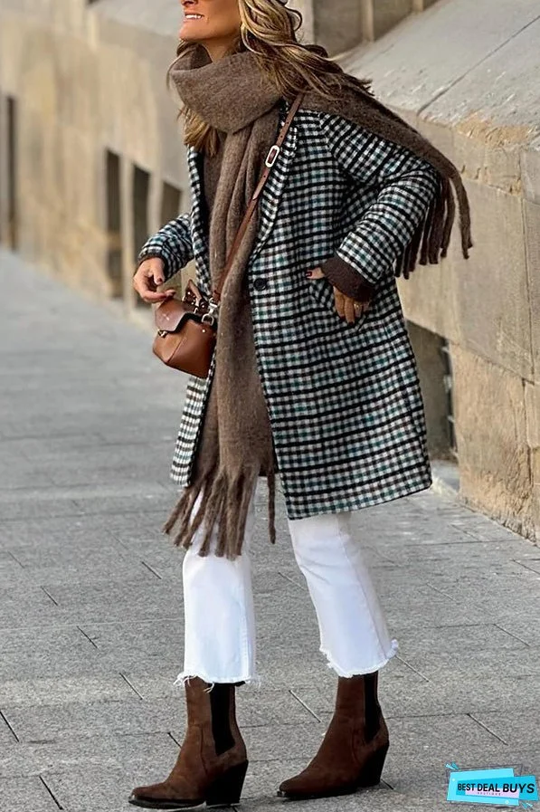 Plaid loose one-button autumn and winter lapel coat