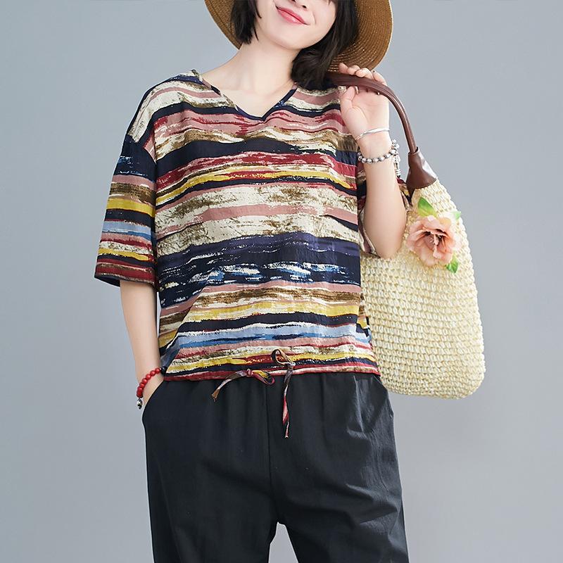 Women Summer New Casual Loose Striped Plus Size T Shirt Cotton Linen Tee Shirt