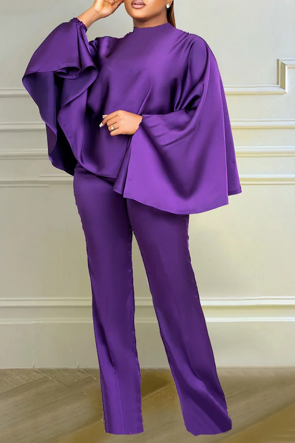 Solid Color Batwing Sleeve Rocking Flowy Pant Suit