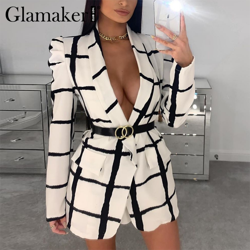 Glamaker Plaid deep v neck sexy blazer women autumn long sleeve white office ladies blazer coat elagent fashion blazer jacket