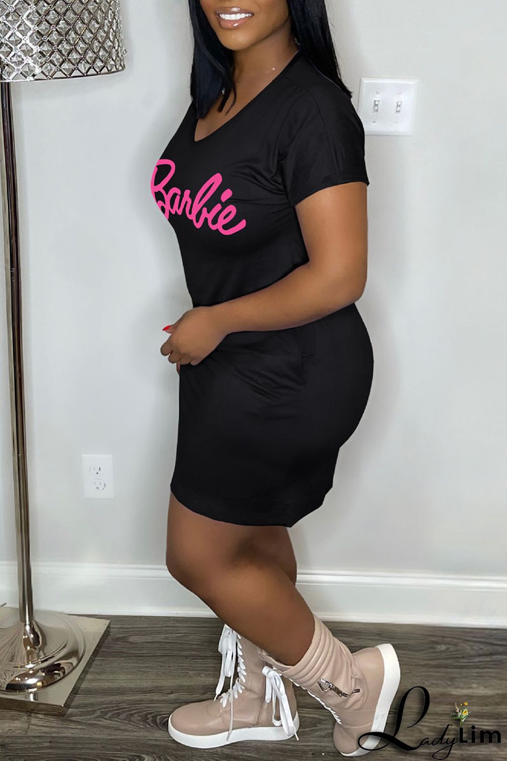 Pink Casual Print Patchwork V Neck Straight Dresses