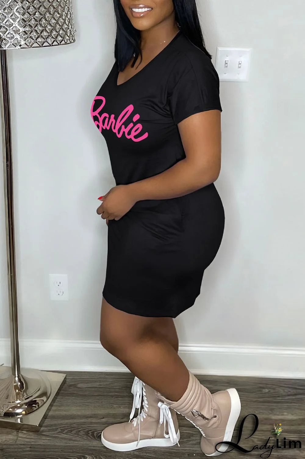 Pink Casual Print Patchwork V Neck Straight Dresses