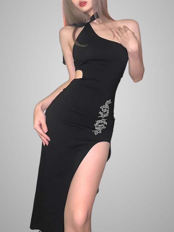 Dark Sexy Solid Black Embroidered Slit Asymmetric Slim Dress