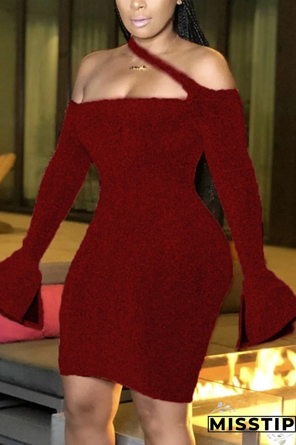 Wine Red Fashion Sexy Solid Backless Halter Dresses