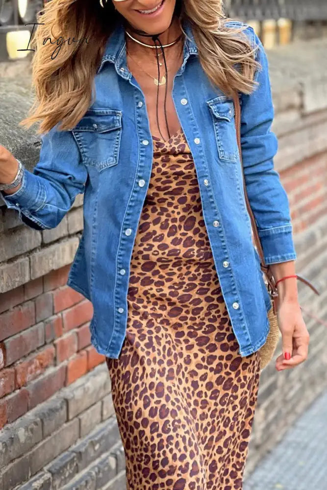 Ingvn - Street Solid Pocket Turndown Collar Long Sleeve Loose Denim Jacket The Cowboy Blue / S
