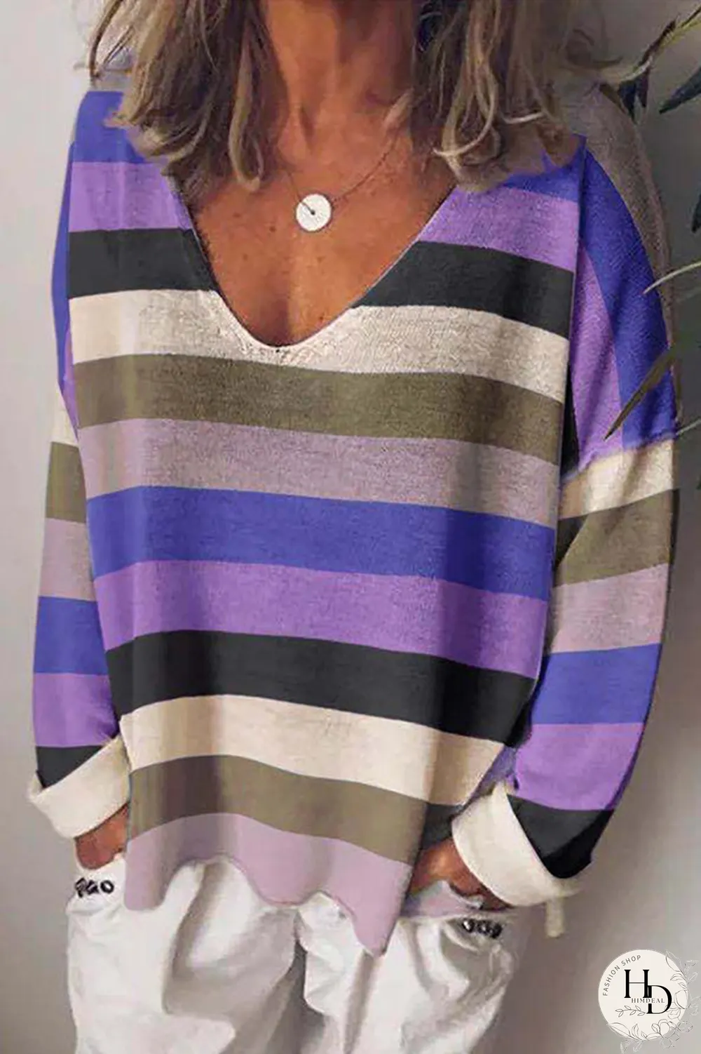 Casual Striped Split Joint V Neck Tops