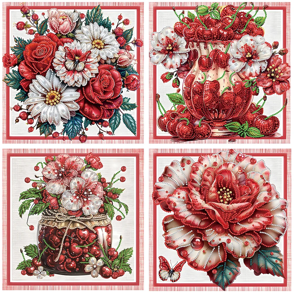 4pcs Diamond Painting - Partial Special Shaped Drill - Red Flower(Canvas|30*30cm)