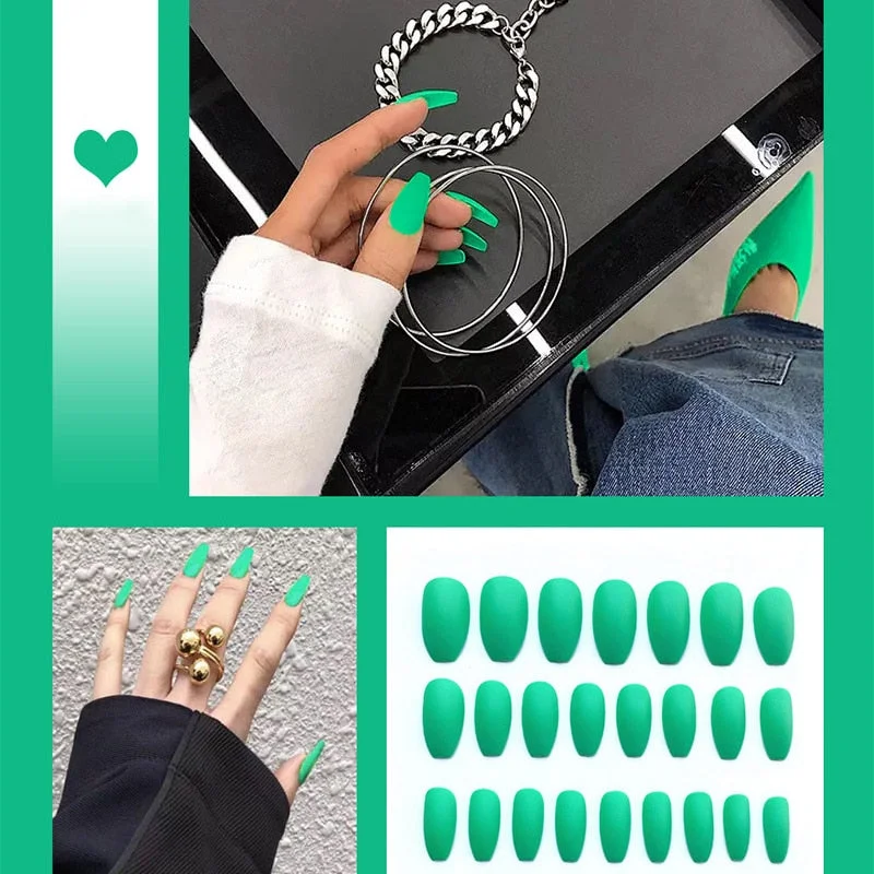 24pcs/box Full Cover fake Press on Nails Matte Yellow Pure Acrylic Frosted Ballerina acrylic for nails for Women free shipping-Nail Inspo