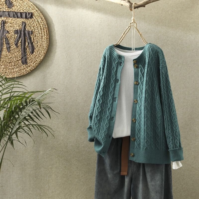 Sweater Coat Women's 2021 Spring Cardigan Mid-length Retro Art Round-neck Casual
