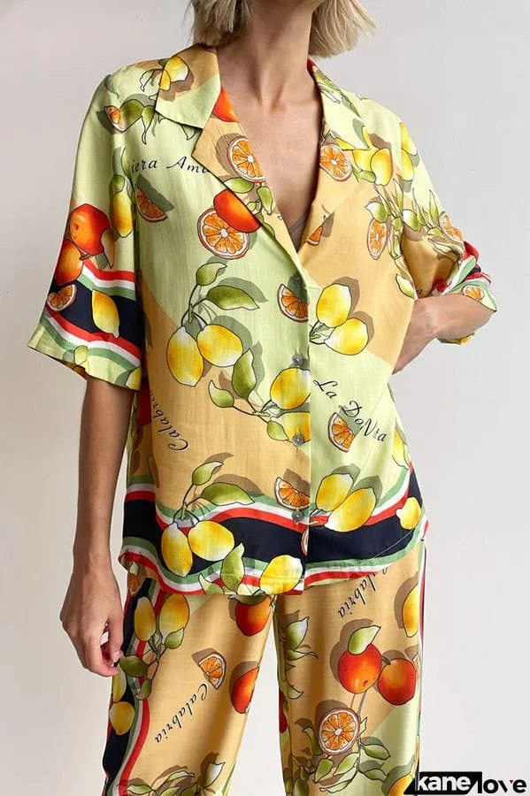 Fruity Citrus Linen Blend Printed Button Down Vacation Blouse