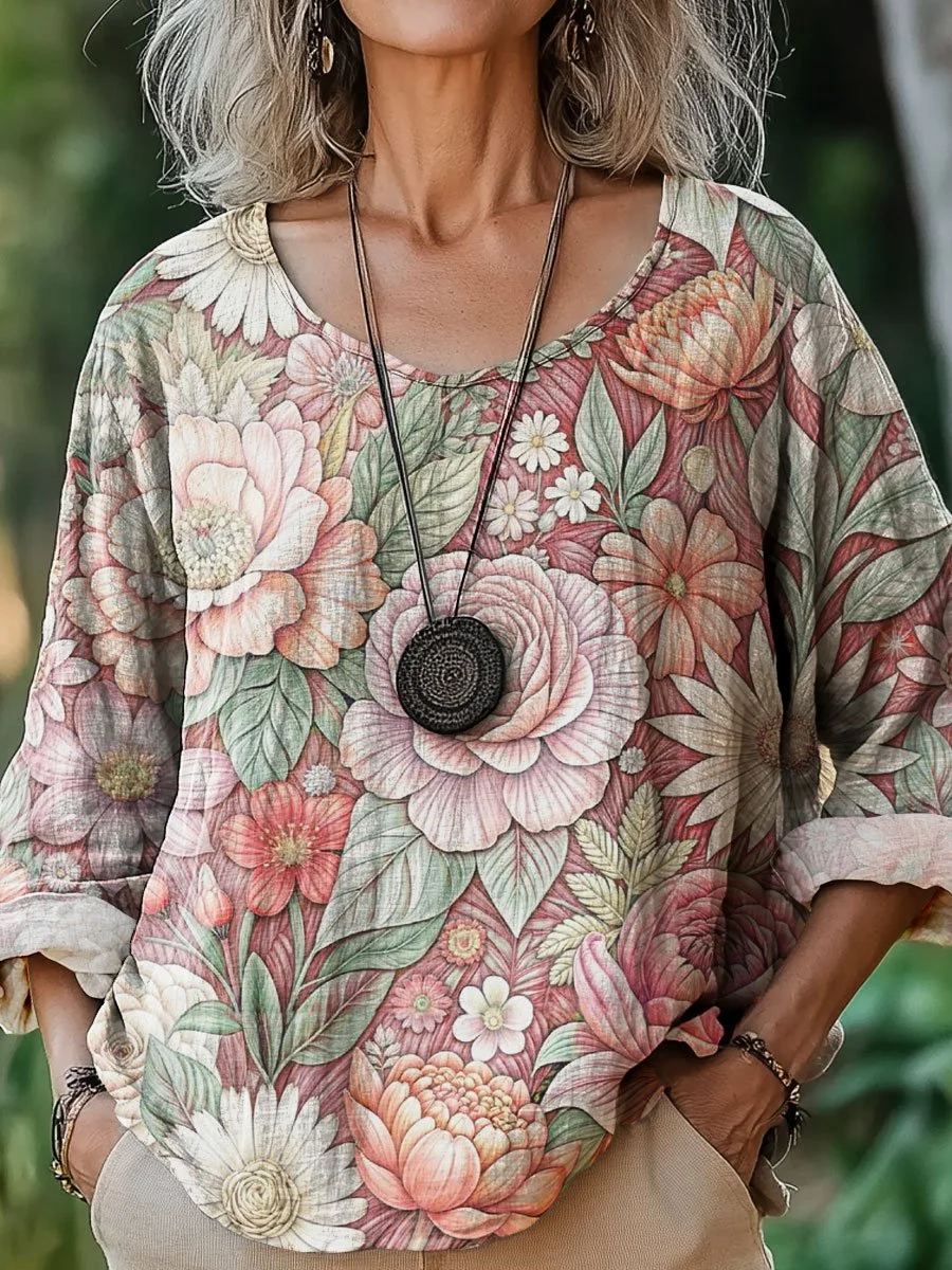 Women's Vintage Flower Art Print Casual Cotton And Linen Shirt
