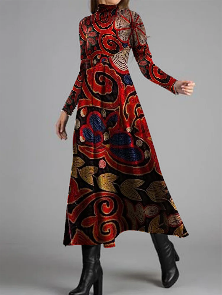 Ursime High Neck Floral Long Sleeve Midi Dress