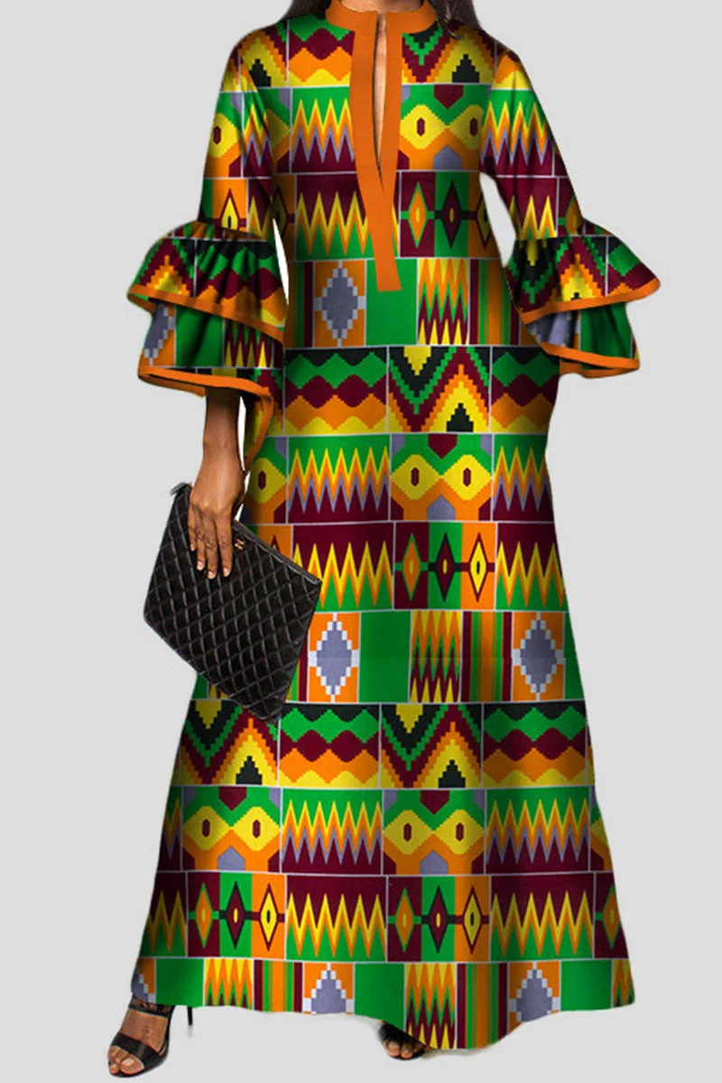 Vintage Print Patchwork V Neck A Line Dresses