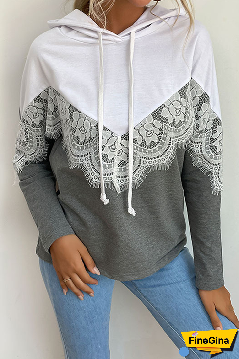 Casual Patchwork Lace Draw String  Contrast Hooded Collar Tops