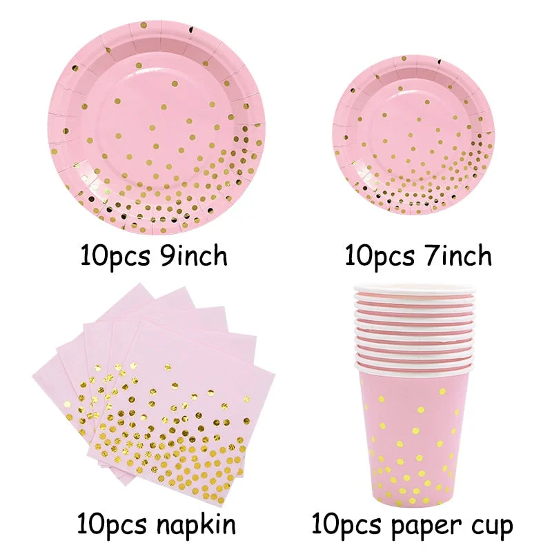 Gold Pink Disposable Tableware Set Paper Plates Cup Napkin Baby 1st Birthday Party Decor Baby Shower Girl Party Supplies Balloon