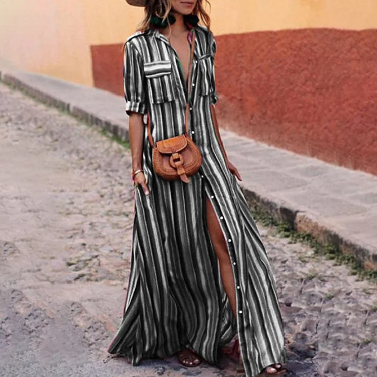Casual Striped Shirt Printed Maxi Dress