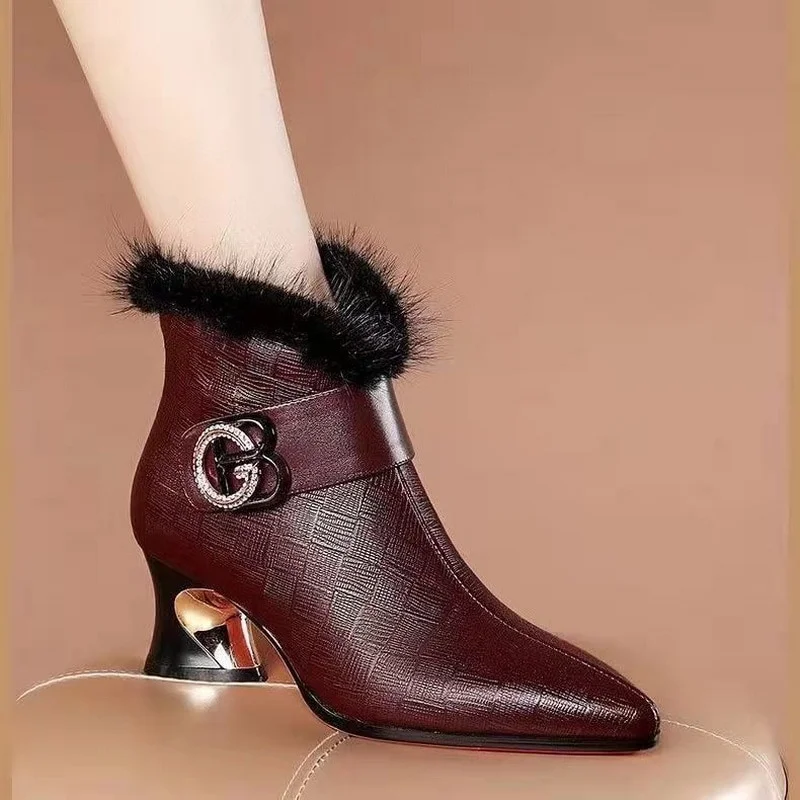 Qjong Mid Heel Mink Fur Women Short Boots,Soft Microfiber Leather Winter Shoes,Ankle Botas,Pointed Toe,Black,Brown,Dropship